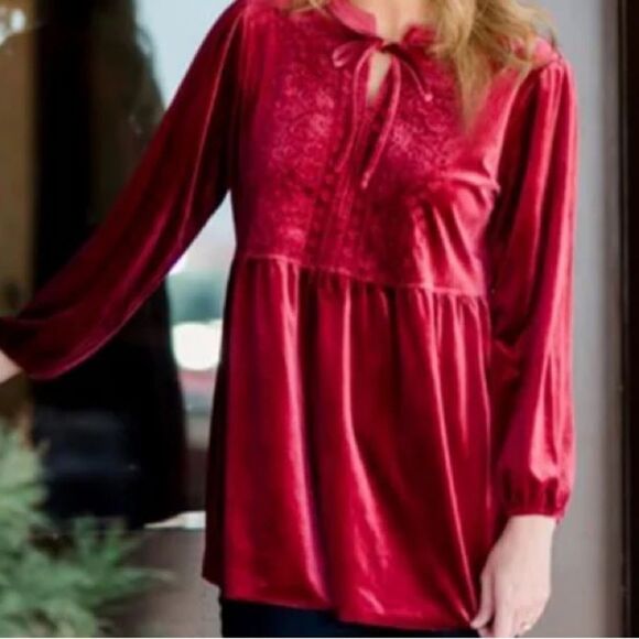 The Pioneer Woman Tops - THE PIONEER WOMAN Velvet Embroidered Empire Waist Tunic Red Size XXL 20